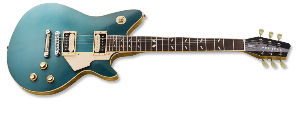 A Pelham Blue Quarzo, with its zebra Lollar Pickups and a Aileron 2 headstock.