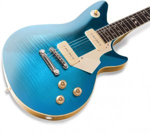 Trans blue Quarzo with cream P-90s and gold speed knobs.