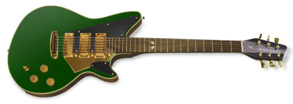 Matt Dunn's green and gold signature Spada Deluxe, with two mini-humbuckers and a P-90, 6-way switch, Aileron 2 headstock.