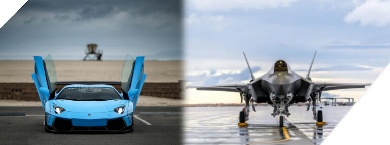 A Lamborghini sportscar and a F-22 fighter jet