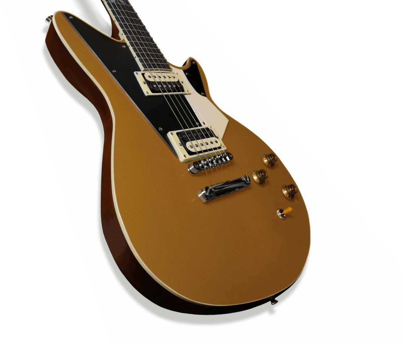 The new Morifone guitar model, the Spada. Goldtop with zebra humbuckers, triple pickguard configuration.